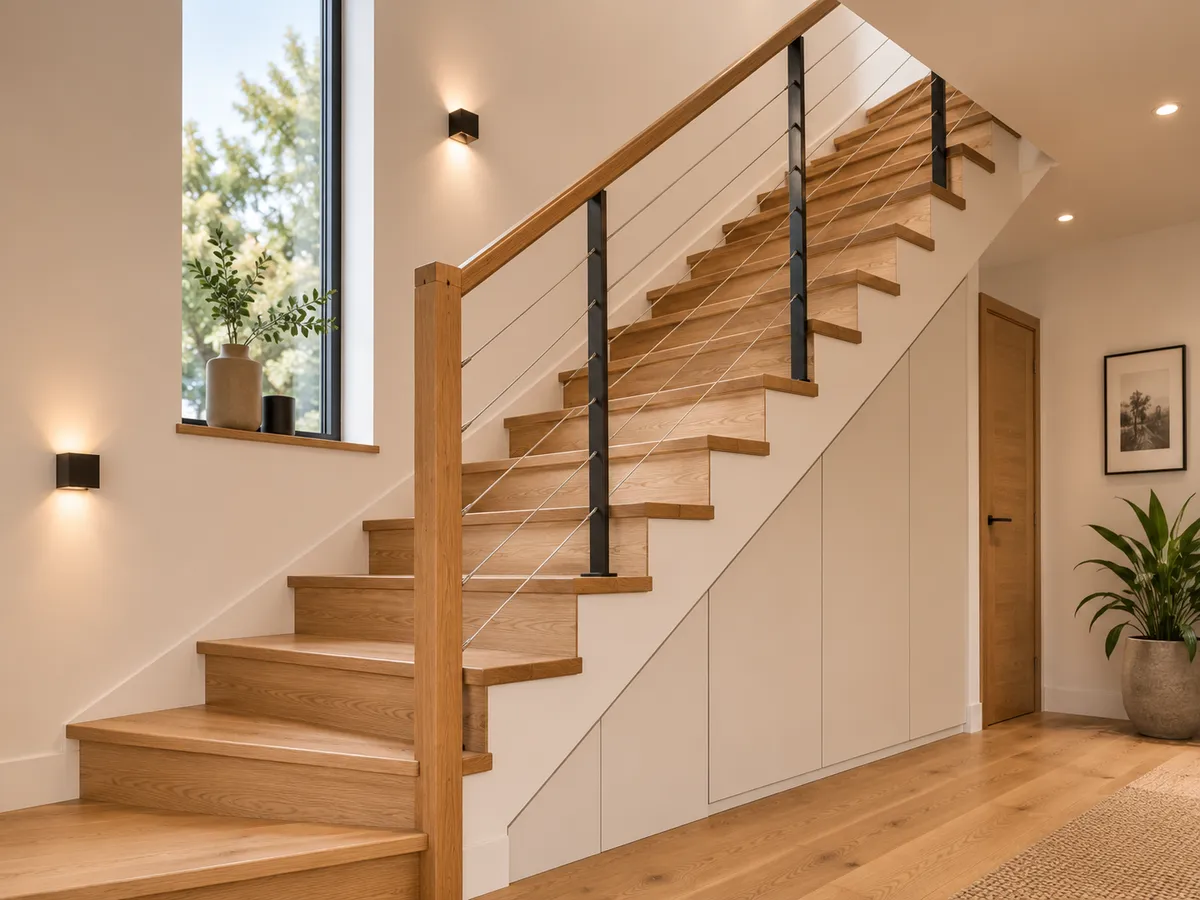 Escalier en bois sur mesure avec garde-corps métallique