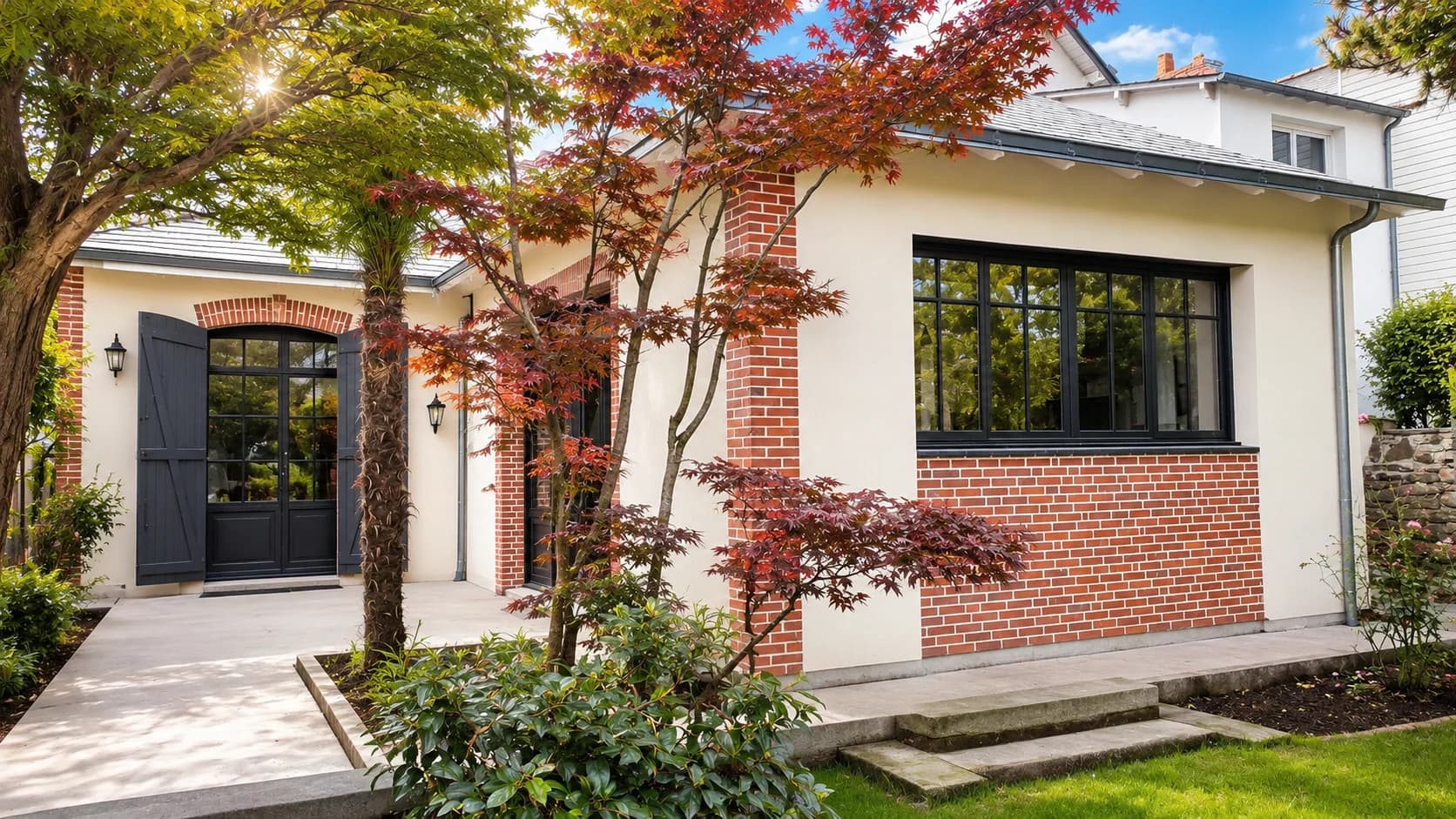 Extension contemporaine avec bardage bois et grandes baies vitrées